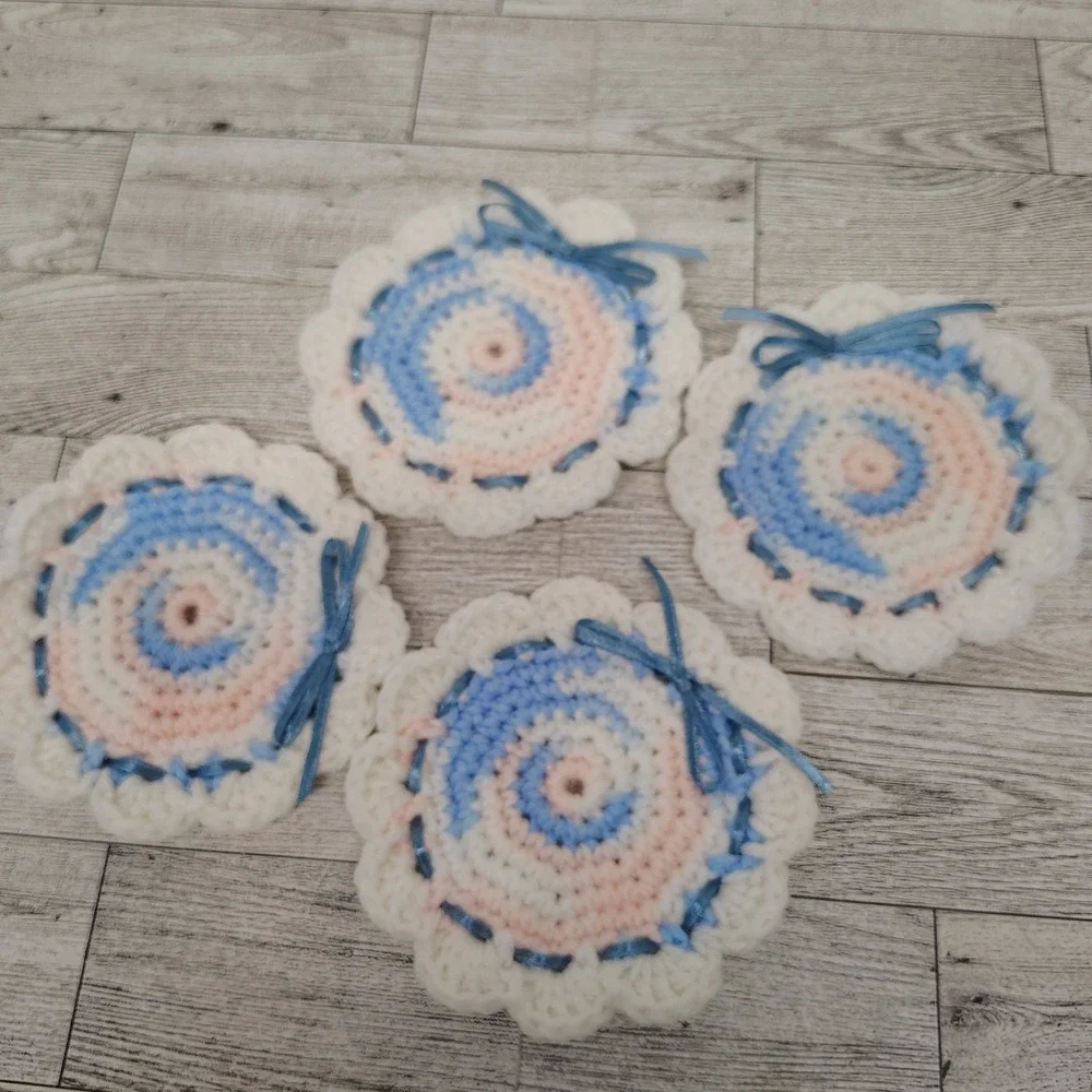 Handmade Crochet Coasters (Set of 4) Pastel Blue Pink Ribbon Accent Cottagecore‎